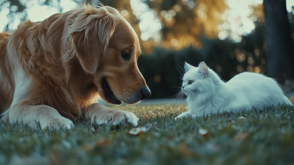 dog and cat meeting for the first time on a leash